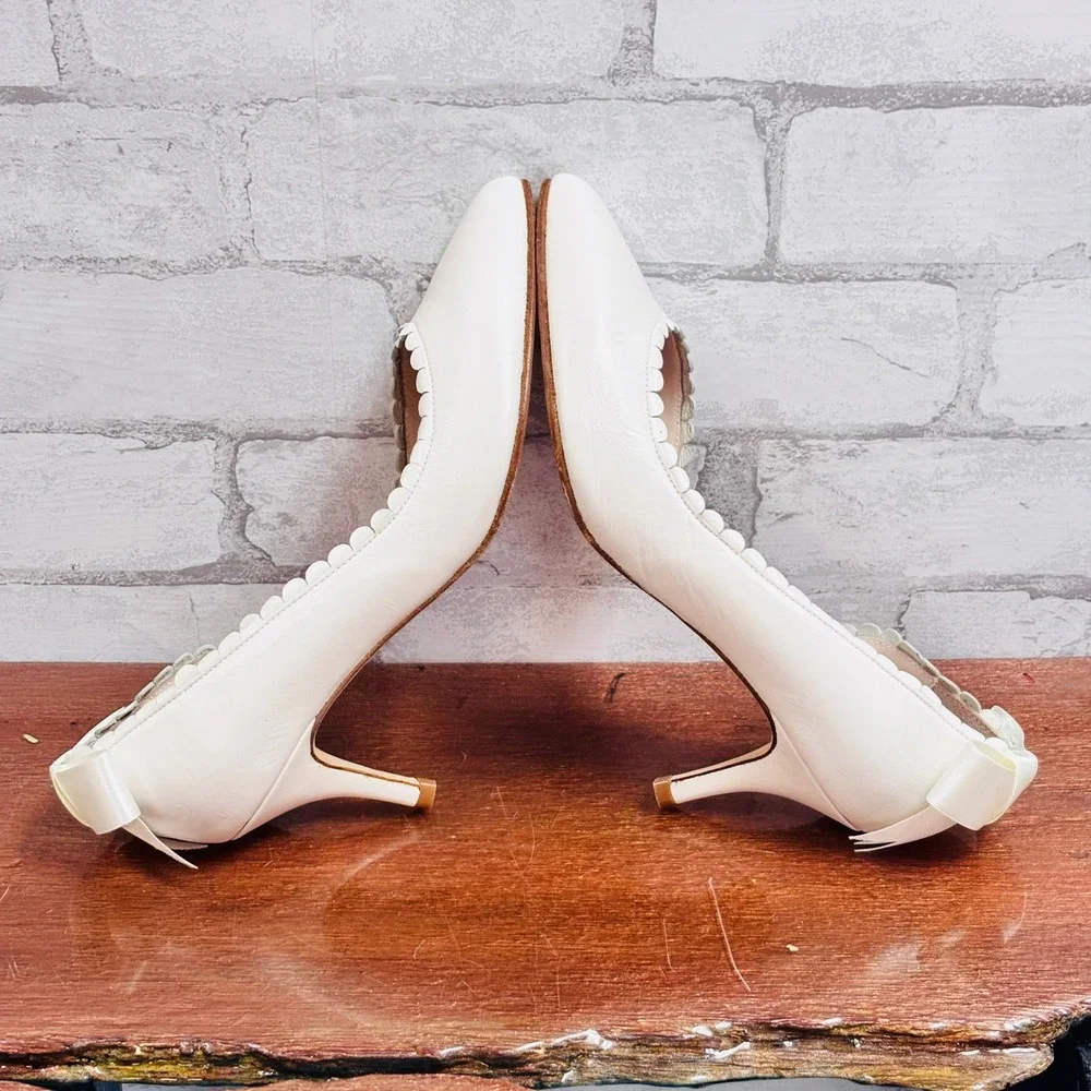 Sargasso & Grey Ivory Leather Scalloped Bow Kitten Heels Made in Spain 38